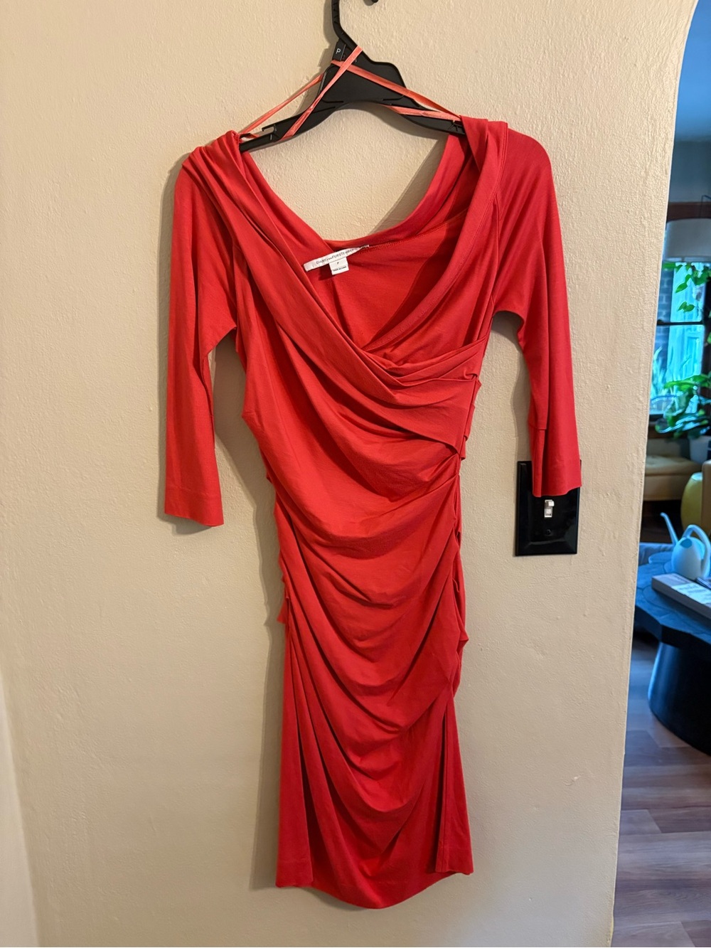 Diane Von Furstenberg Red Draped V-Neck Long Sleeve Dress